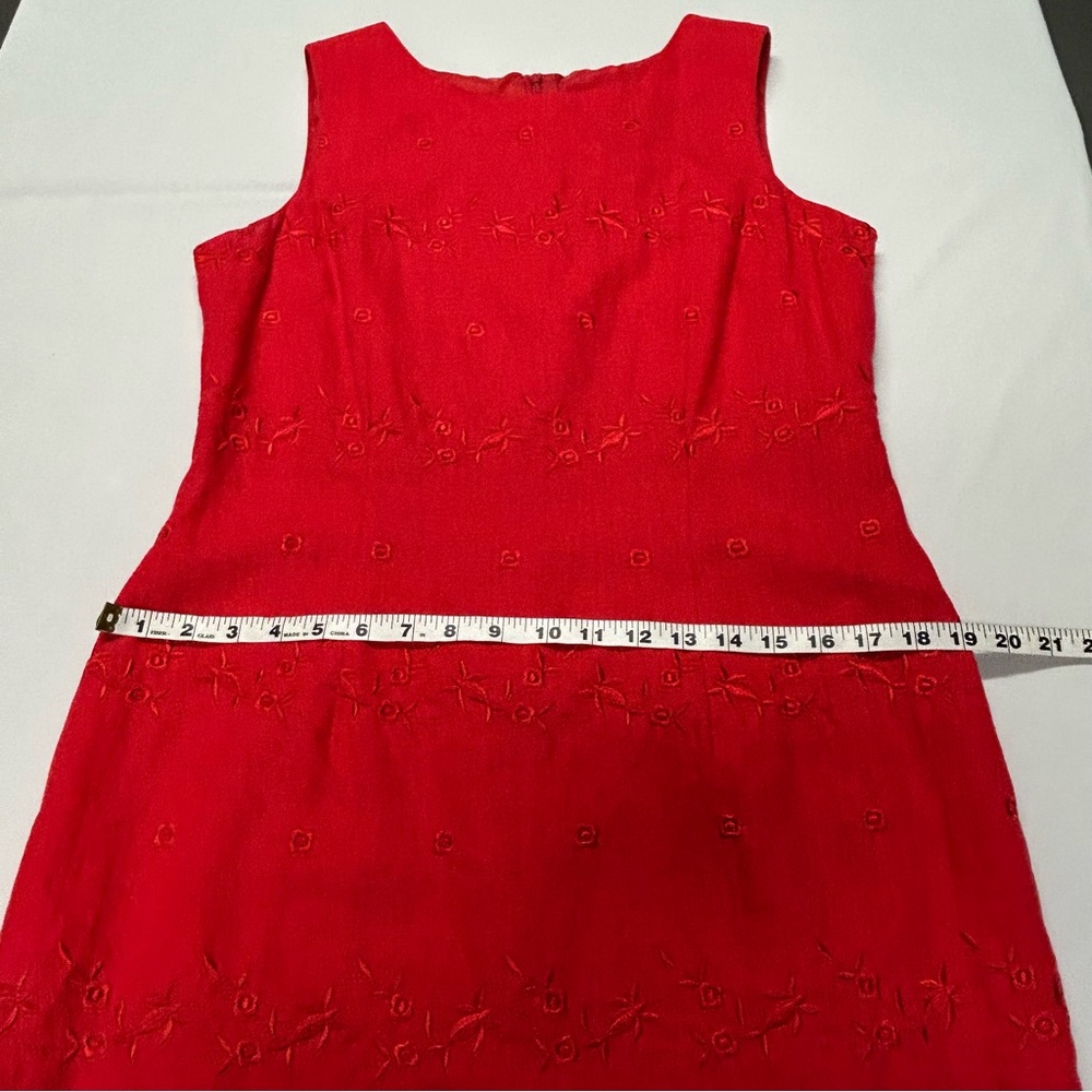 Vintage Linen Blend Midi Dress Sz 12 Sleeveless Floral Embroidery Romantic Red - Picture 10 of 11